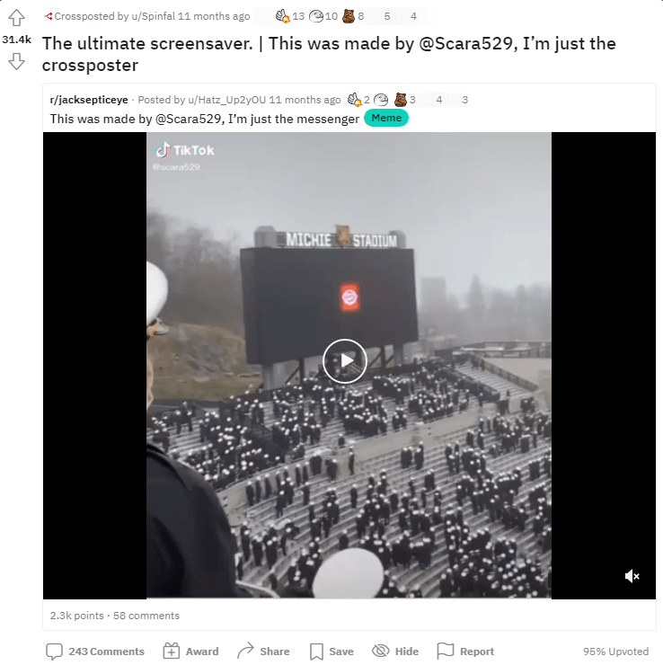 Example of a Reddit crosspost that uses the Reddit x-post indicator.