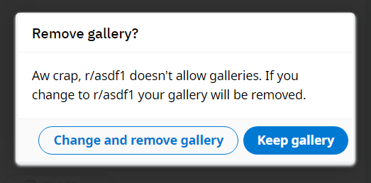 A pop-up that appears if posting multiple images on Reddit is disabled on a subreddit.