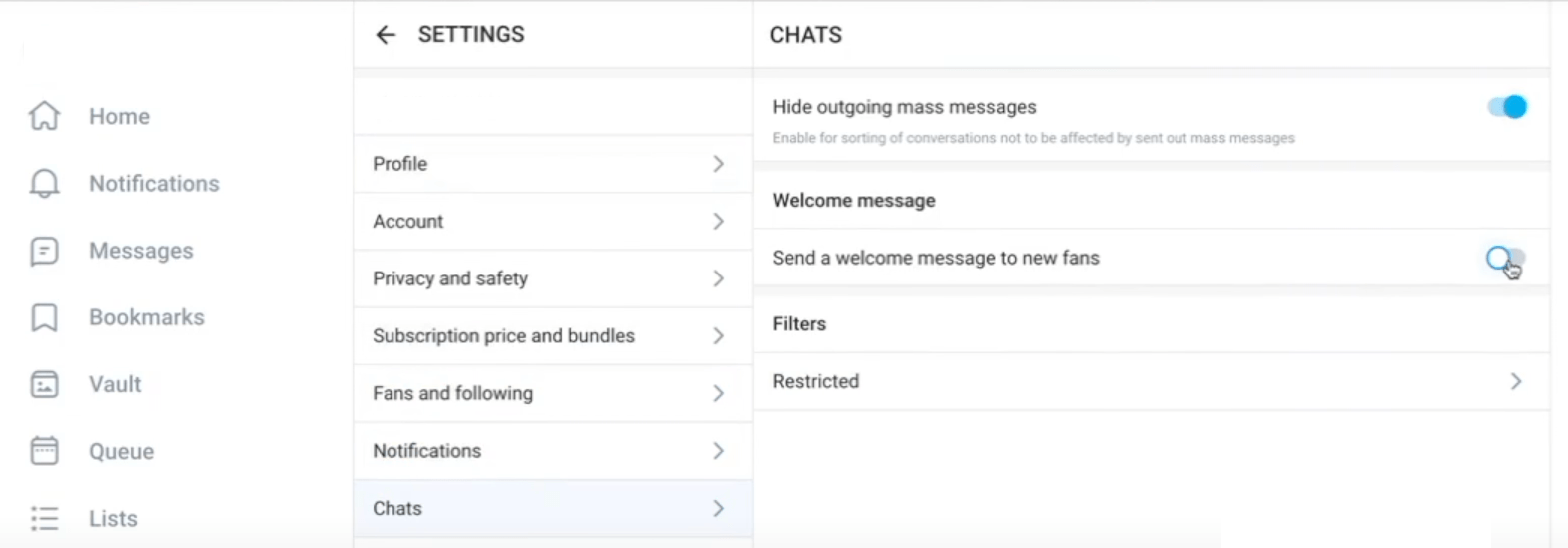 How to set up a welcome message for OnlyFans through the settings menu.