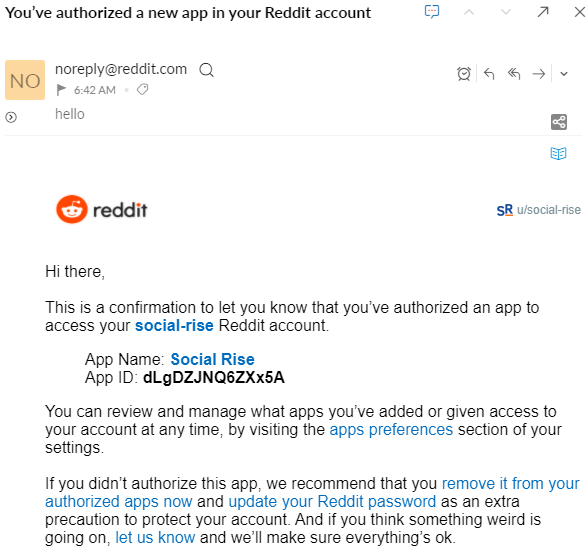 An email saying you've authorized a new app in your Reddit account.